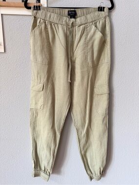 Nicole Miller Olive Green 100% Linen Cargo Jogger Pants Size L